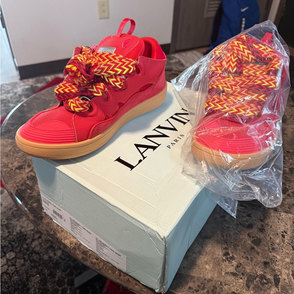 Lanvin Red Sneakers with Yellow-Red Zigzag Laces